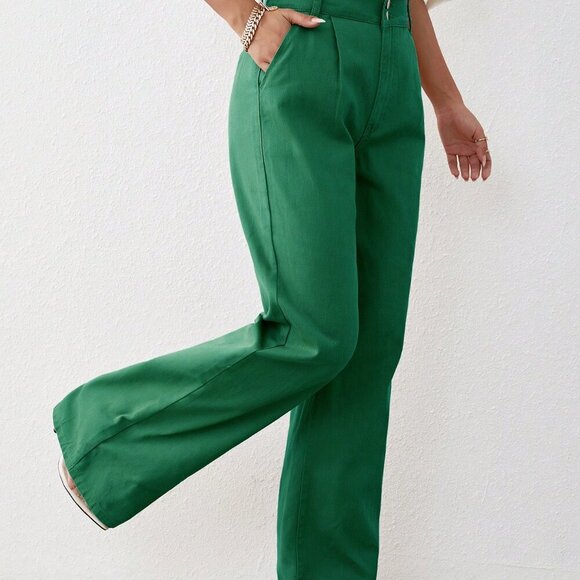 Dark Green Casual Women's High Waist Wide Leg Jeans - Picture 5 of 5